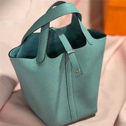 Tote bag genuine leather Home Vegetable Basket New Water Bucket Bag Semi Handmade Wax Thread Imported Cowhide Litchi Pattern Large Capacity for Women