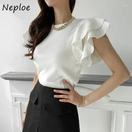 Women's T Shirts Neploe 2024 Summer Thin Ice Silk Knitted T-shirts Elegant Sweet Double Layer Ruffles Tee Shirt Y2k Flying Sleeve Tops Women