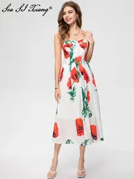 Casual Dresses Seasixiang Fashion Designer Spring Summer Sicily Dress Women Spaghetti Strap Backless Flowers Print Bohemian Vacation Midi