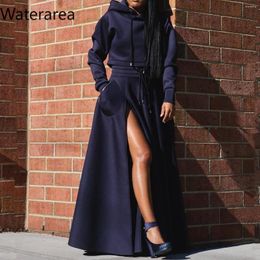 Work Dresses Waterarea Fashion Women's Set Long Sleeve Hooded Sweatshirt And High Side Split A-line Maxi Skirt Suit 2024 Two 2
