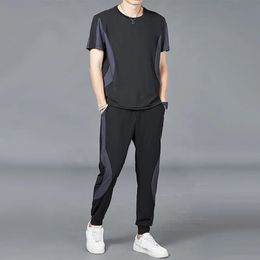 Summer Mens Short Sleeve TshirtPants 2Pcs Suit Casual Sportswear Ice Silk Jogging Fitness Sports Sets Male Loose Tracksuit 240416