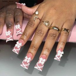 False Nails French Duckbill Shaped Fake Nails with White Bowknot Silk Ribbon Design False Nails Korean Sweet Pink Square Head Press On Nails Y240419 Y240419