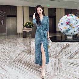 Casual Dresses 2024 Spring/Summer Blue Small Checkered Collarless Long 3/4 Sleeve Wrapped Skirt Lace Up V-neck High Waist Dress