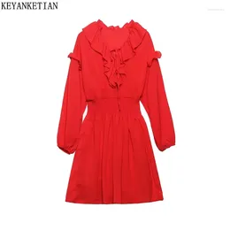Casual Dresses KEYANKETIAN 2024 Launch Women's Lace Up Tiered Ruffles Red Dress Elegant French Style Slim-Fit Long Sleeve Mini