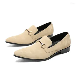 Dress Shoes Fashion Men Oxfords Real Leather Luxury Apricot Metal Hoops Groom Wedding Pointed Toe Slip On Spring Flats