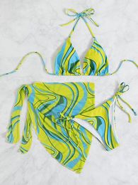 Women's Swimwear With Sarong Printed Halter Bikini Women Female Swimsuit Three-pieces Set Bather Bathing Suit Swim Lady K3617