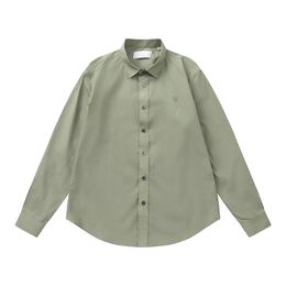 Spring and Autumn Women's Green Shirt Casual Top Spring and Summer 2024 Simple Loose Version Heart Embroidery Long Sleeve Lapel Collar Men's Long Shirt