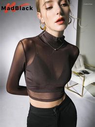 Women's T Shirts MadBlack European Clothes Short Tshirt Women Sexy Mock Neck Sheer Slim Mesh Crop Long Sleeve Elastic Tee Autumn Spring