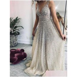 Basic Casual Dresses Luxury Gold Sequins Beads Prom Sleeveless V-Neck A-Line Woman Party Evening Gown Cocktail Dress Vestidos Drop Del Dhpal