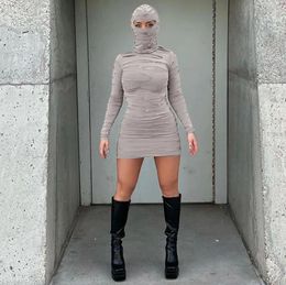 Casual Dresses 2024 Women Designer Solid Long Sleeve Hoodie Mask Cut Out Sexy Skinny Mini Dress Fall Streetwear Grunge Clothes