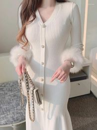 Casual Dresses Hikigawa Korean Women Chic Fashion Autumn Elegant V Neck Mermaid Knitted Solid Gentle Fluffy Long Sleeve Vestidos Mujer