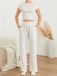 Women's Two Piece Pants 2 Sets Women Loungewear Floral Print Short Sleeves T-shirt And Wide Leg Y2K Casual Summer Streetwear 2024