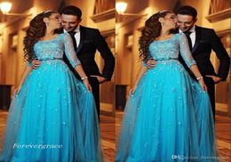 2019 Blue Lace Arabic Evening Dress Half Sleeves Aline Tulle Long Formal Holiday Wear Prom Party Gown Custom Made Plus Size4075216