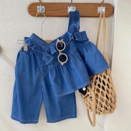 Clothing Sets Korean Version Girls' Suit Summer Girl's Denim Wooden Ear Sling Vest Top Plus Capris Two-piece Set Girls Clothes Children's