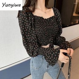 Women's Blouses Shirts Women Long Sleeve Lace Up Hem Ruffles Stylish Retro Sexy Lady Chic Floral Womens Red Top Elegant Fashion Slim Ulzzang