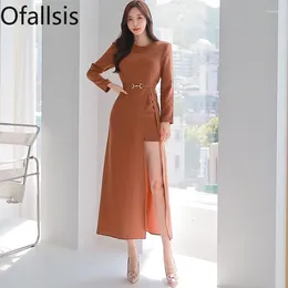 Party Dresses Ofallsis O Neck Solid Colour Spring Autumn Long Sleeve Dress High End 2024 Women's Waist A Line Slit Irregular Wrap