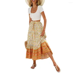 Skirts Women Elastic Waist Floral Flowy Summer Long Skirt