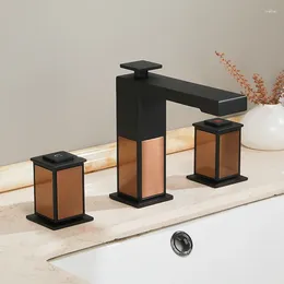Bathroom Sink Faucets Luxury Black Rose Gold Brass Square Faucet Art Basin Mixer Taps Three Holes Lavatory Faucet--SM543