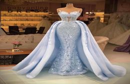 Stunning Light Sky Blue Mermaid Prom Dresses With Detachable Skirt Sexy Backless Sweetheart Illusion Appliques Beads Sequins Long 1627458