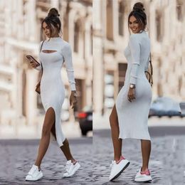 Casual Dresses Cotton Dress Sexy Bodycon Elegant Long Sleeves High Neckline Knit Cut Out Midi Ribbed Sweater
