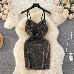 Casual Dresses Chic Glitter Sequin Swinging Collar Slip Dress Sexy Off Shoulder Evening Party Robe Women Vintage Hip Wrap Ceremonial