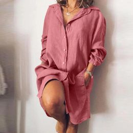 Casual Dresses Cotton And Linen Shirt Dress Women's Long Sleeve Loose Single Breasted Elegant Beach Party Sundress Vestidos