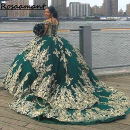 Emerald Green Off the Shoulder Pearls Beading Ball Gown Quinceanera Dresses Sequined Appliques Lace Corset Vestidos De 15 Anos
