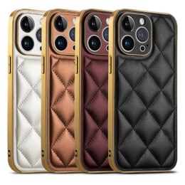 Cell Phone Cases Luxury Gold Electroplated PU Leather Phone Case For iPhone 14 Plus 12 13 14 Pro Max Square Rhombus Camera Protection Shell J240418