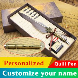 Pens FEATTY Personalized Customize your name Russian English Calligraphy Feather Dip Pen Set Gift Box Wedding Gift Fountain Pen