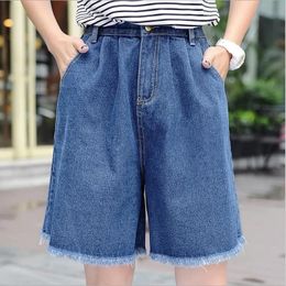 High Waisted Elegant Denim Shorts Womens Sexy Jeans Short MID-Length Wide Leg With Tassel Cotton Blue Thin Plus Size S-3XL 240418