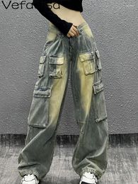 Women's Jeans Vefadisa 2024 Autumn Winter Fashion Big Pocket Loose Made Old Washed Workwear High Waist Wide Leg Pants ZY2470