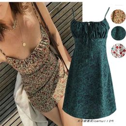 Casual Dresses Blogger Recommended French Style Retro Minority Affordable Luxury Floral Bow Lace Up Slim Fit Suspenders Jumpsuit Short Skirt