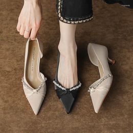 Dress Shoes Temperament Satin High Heels Women Thin With Pearl Kink Side Empty Single Fairy Wind Sexy Everything