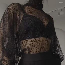 Women's Blouses Elegant Turtleneck Sequin Shiny Party Blouse Women 2024 Spring See Through Mesh Lace Top Summer Lantern Sleeve Office Lady