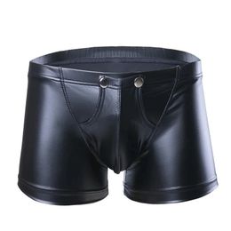 Mens Sexy Leather Lingerie Short Pants For Sex Soft Latex Fetish Boxer Male Leather Underpants Bulge Pouch Sexy Bottom Underwear 240419