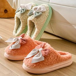 Slippers Cute Cartoon Bowknot Winter Warm Women Furry Plush Home Indoor Casual Ladies Soft Shoes Fluffy House