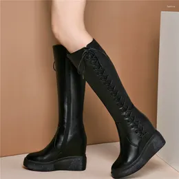 Boots Women Lace Up Genuine Leather Wedges High Heel Knee Female Winter Warm Pointed Toe Thigh Platform Pumps Shoes