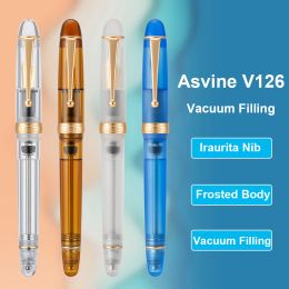 Pens Hot Asvine V126 Vacuum Filling Fountain Pen EF/F/M Nib, Beautiful Transparent Brown/ Matte Blue, White Acrylic Writing Gift Set