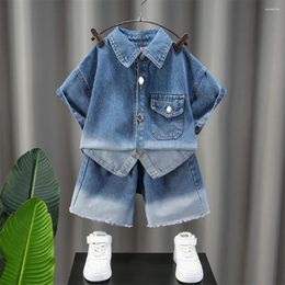 Clothing Sets 2024 Fashion Baby Boys Summer Denim Suit 2-14 Yrs Kids Shirt Casual Clothes Children Short Sleeved T-shirt Shorts Set