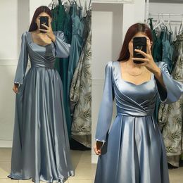 Haze Blue Muslim Evening Dresses Elegant A Line Square Neck Long Sleeves Turkish Kaftan Dress Pleats Waist Satin Special Ocn Formal Dresses For Women