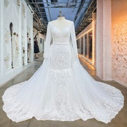 Hire Lnyer Appliques Lace 2 Pieces Long Sleeve Mermaid Wedding Dresses With Detachable Train Vestido De Noiva Sereia