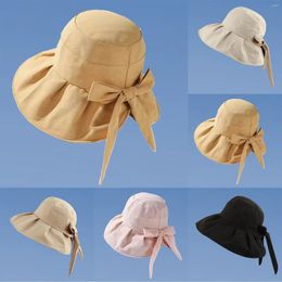 Wide Brim Hats Beach Strappy Bowknot Basin Women Foldable Ruched Sunscreen Large Summer Panama Caps Leisure Mountaineering Bucket Hat