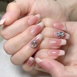 False Nails 30pcs French Pink False Nails Long Coffin Rhinestone Decor Press on Nails Full Cover Wearable Korean Sweet Acrylic Nails Patch Y240419 Y240419