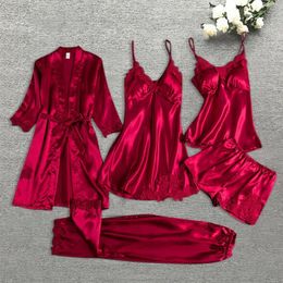 Leepwear Female 5/4/2PCS Pyjamas Set Satin Pyjamamas Lace Patchwork Bril Wedding Nightwear Rayon Home Wear Nighty Robe Suit 240408