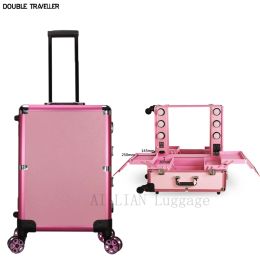 Luggage New trolley cosmetic bag largecapacity Professiona makeup case rolling luggage with LED light multifunction trolley suitcase