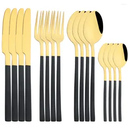 Dinnerware Sets 16Pcs Black Gold Set Knife Fork Coffee Spoon Cutlery Stainless Steel Tableware Party Kitchen Silverware Flatware