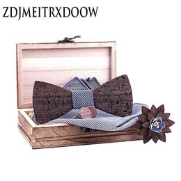 Silver grey Plaid Wooden Bowtie For Mens Marry Pocket Square Cufflinks Brooch Sets Line flower Accessories cadeau homme 240412