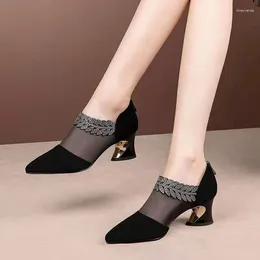 Casual Shoes 2024 Summer Pointed Toe Elegant Women Dress Black Lace Rhinestone Slip-on Mesh Sandals Medium Heel Zipper Ladies Pumps