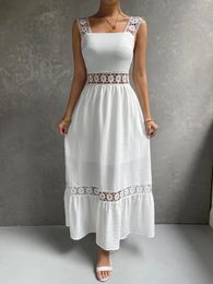 Casual Dresses Fashion Lace Patchwork Slessveless Long Dress Boho Strap Waist