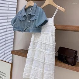 Clothing Sets Girls Summer Set Teenage Bubble Sleeves Short Denim Cardigan Jacket Lace Suspender Skirt Children's